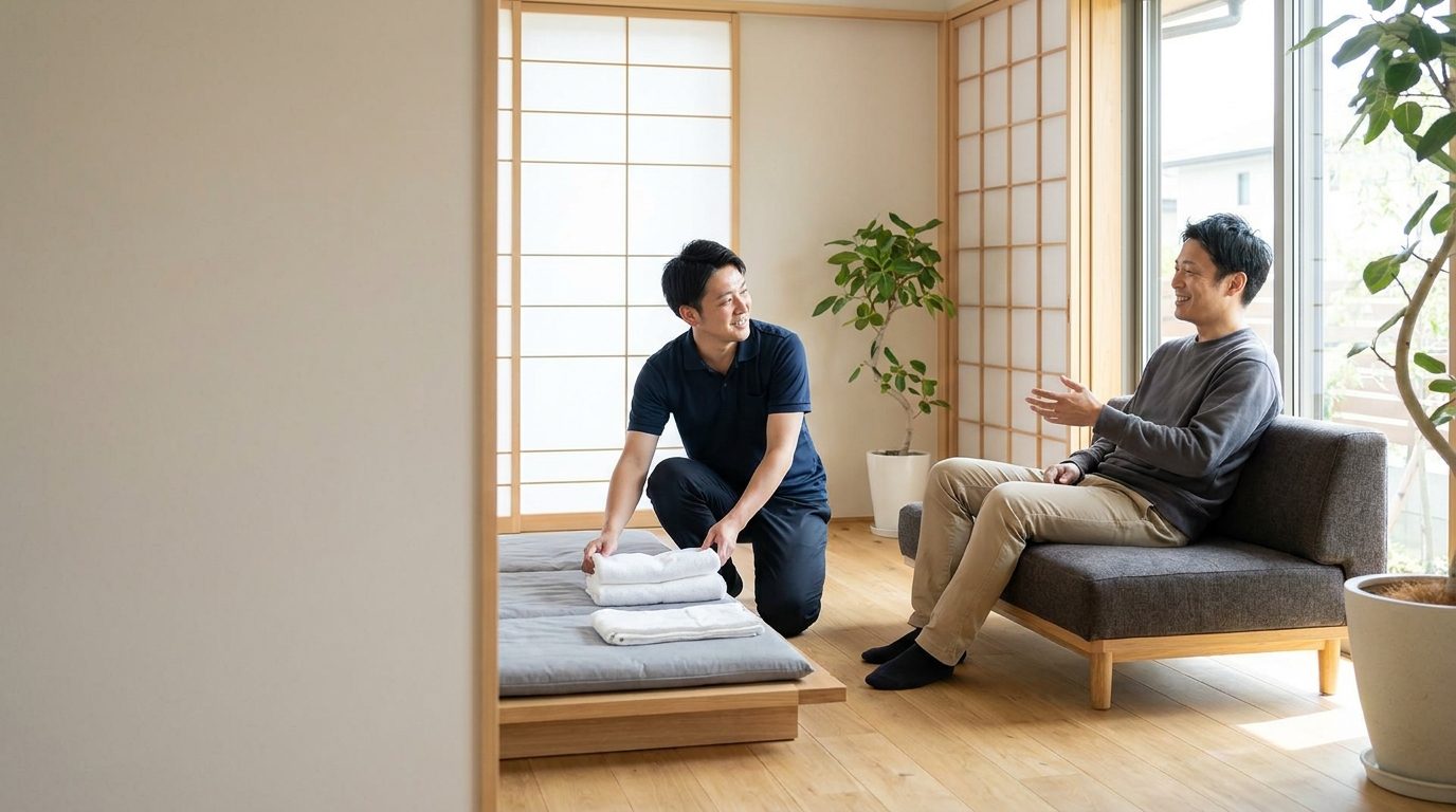 明るい部屋で施術の支度をする男性セラピストと、くつろいで話すお客様